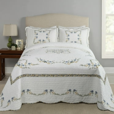 Modern Heirloom Heather White/Blue Floral Embroidered Bedspread, Twin, All Ages