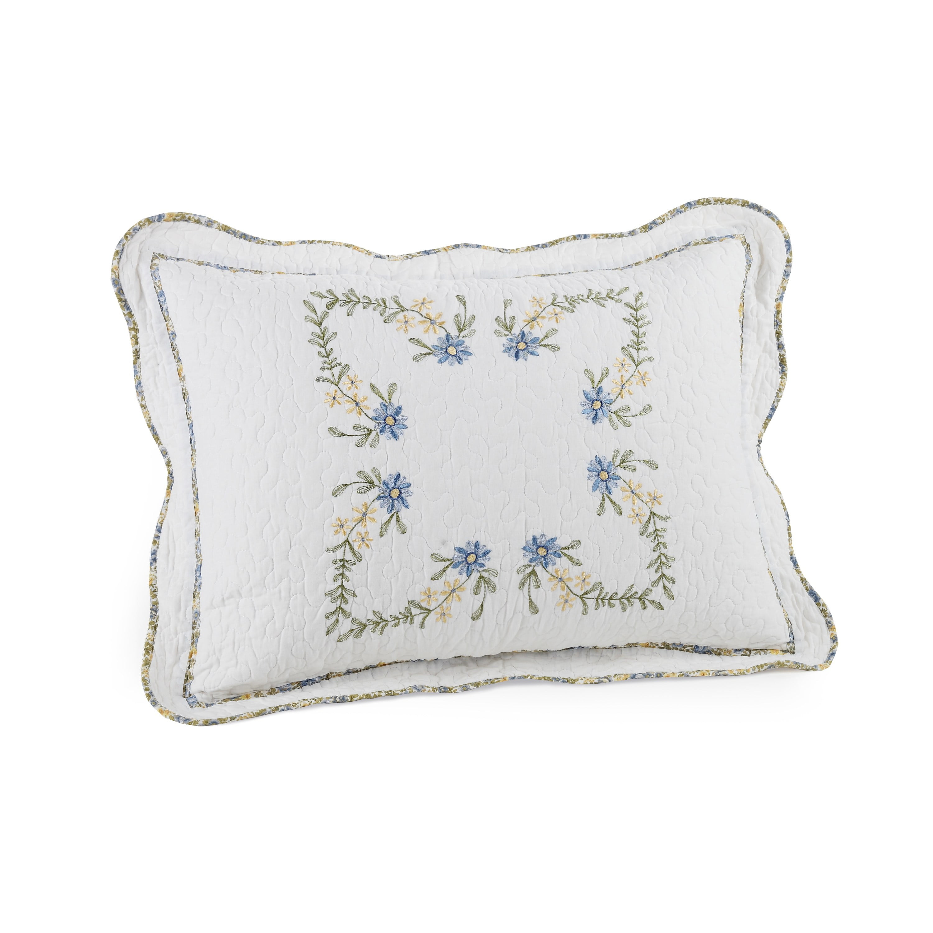 Heather King Size White and Blue Embroidered Cotton Sham