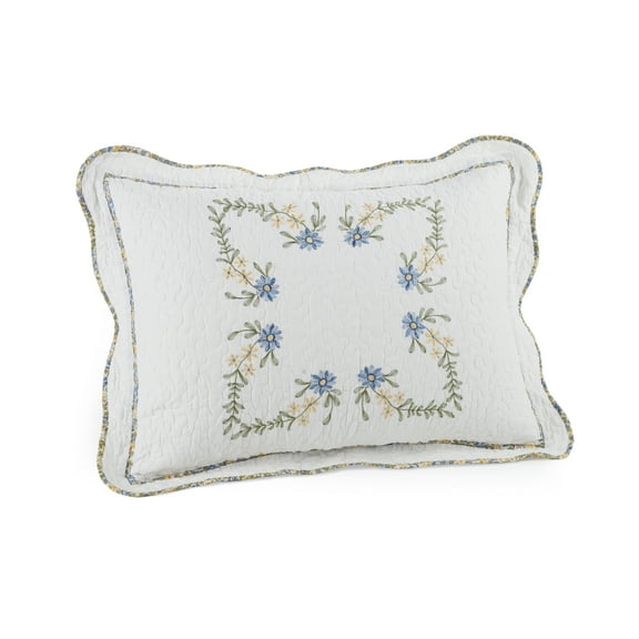 Modern Heirloom Heather White/Blue Floral Embroidered Pillow Sham, Standard, All Ages