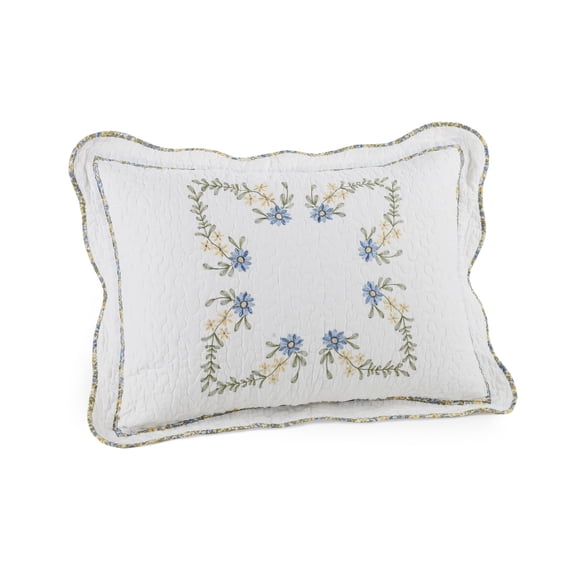 Modern Heirloom Heather White/Blue Floral Embroidered Pillow Sham, King, All Ages
