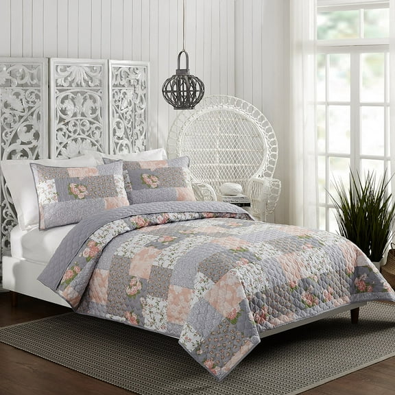 Modern Heirloom La Flor Pink Patchwork Printed 3-Piece Quilt Set, King