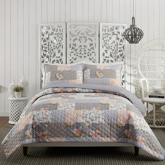 Modern Heirloom La Flor Pink Patchwork Printed 3-Piece Quilt Set, Full/Queen
