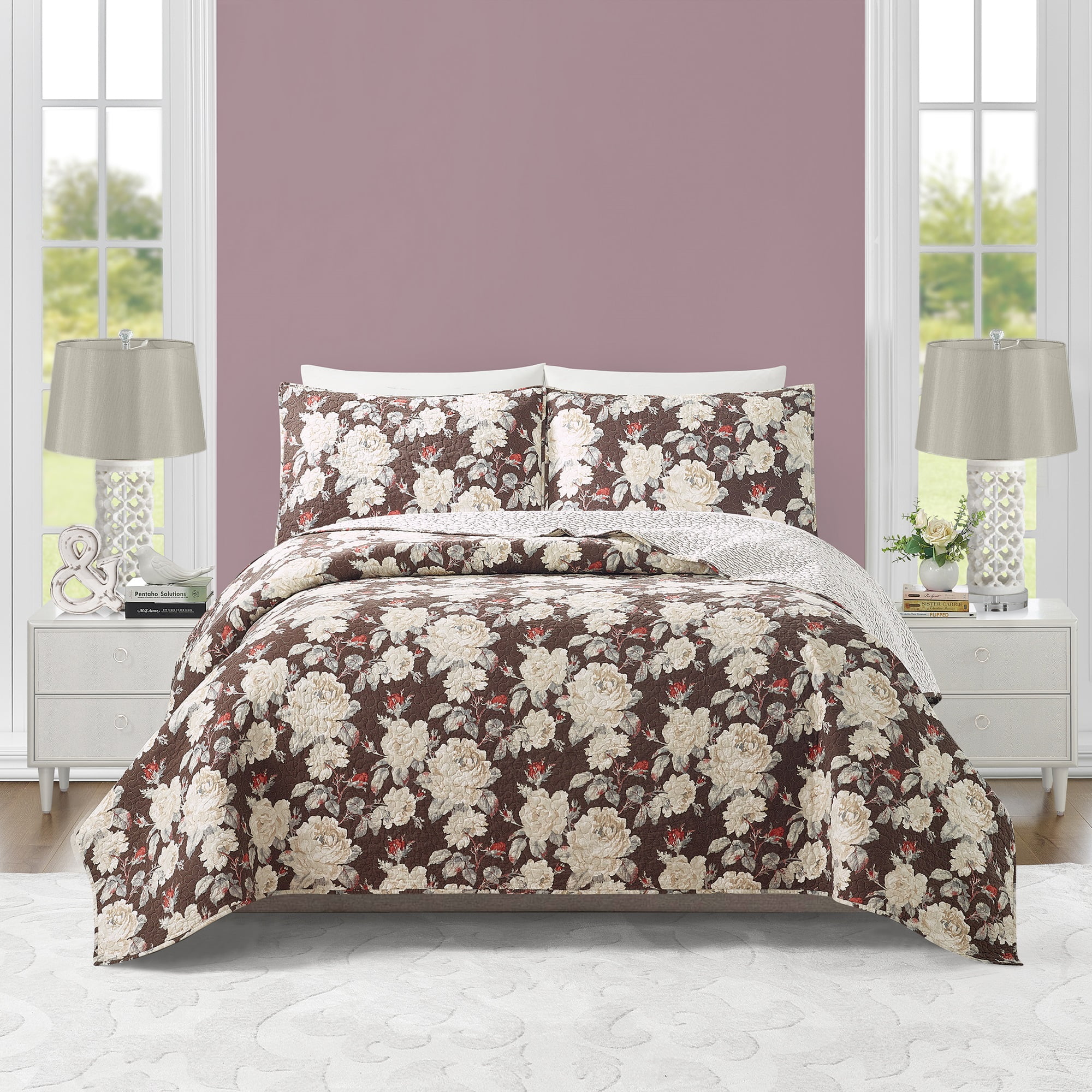 King Size Brown Cotton Floral Quilt Set with Shams