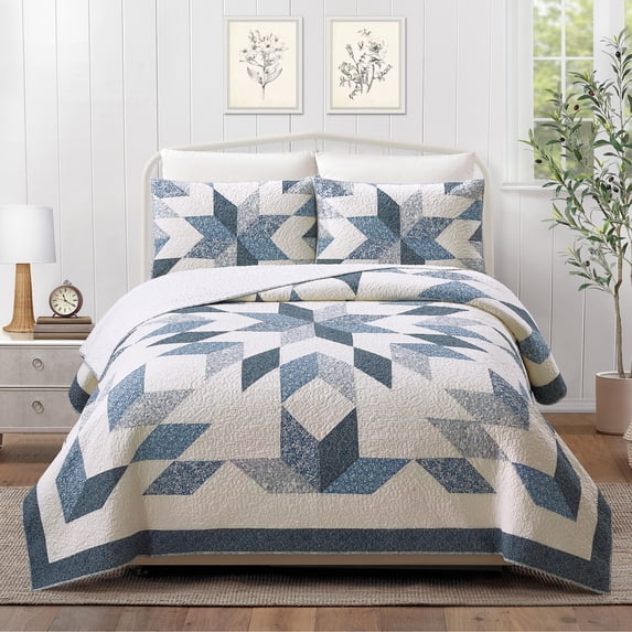 Modern Heirloom Bright Star Patchwork 3-Piece Quilt Set, Blue, Full/Queen, All Ages