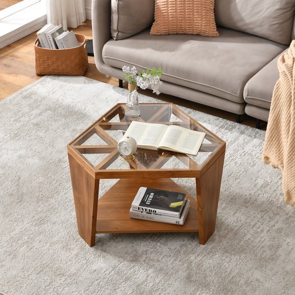 Ahokua 30'' Hexagon Coffee Table with Glass Top, Geometric Fir Wood Frame and Storage Shelf, Walnut Brown
