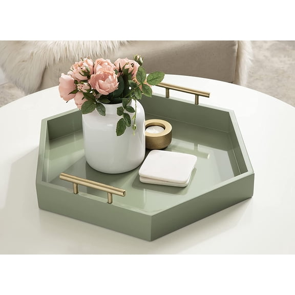 Modern Hexagon Tray; 18 x 18; Sage Green with Gold Handles; Midcentury Decorative Serving Tray for Storage and Display in Living Room Decor Scheme