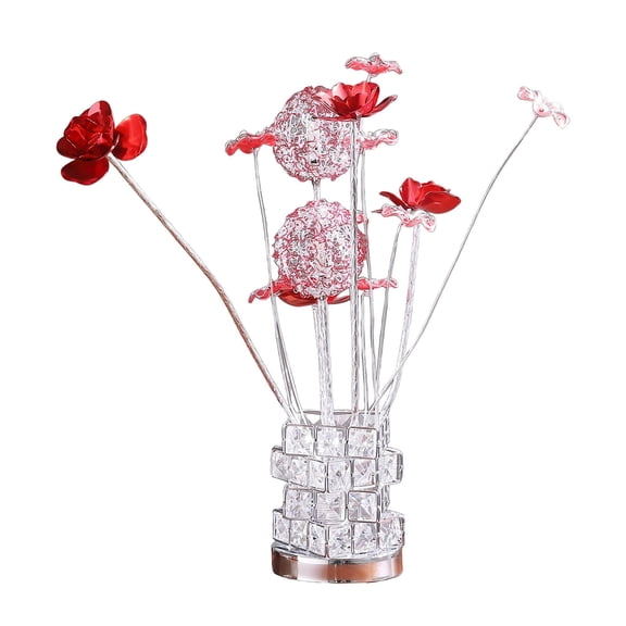 Modern Hexagonal Chrome Vase Table Lamp with Aluminum Red Roses Floral Design, LED, for Living Room Bedside