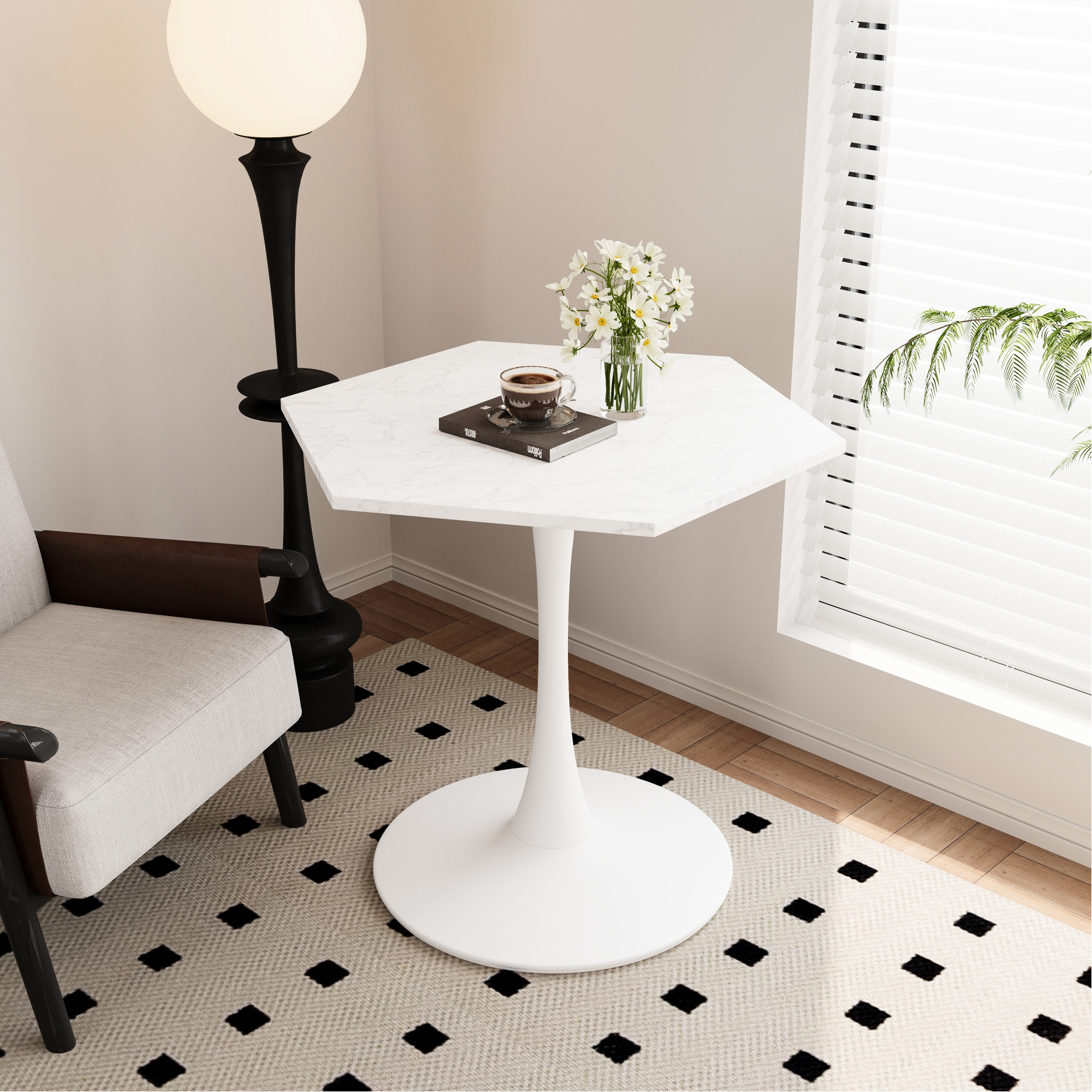Modern Hexagonal Desk With White Marble-effect Top And Metal Structure ...