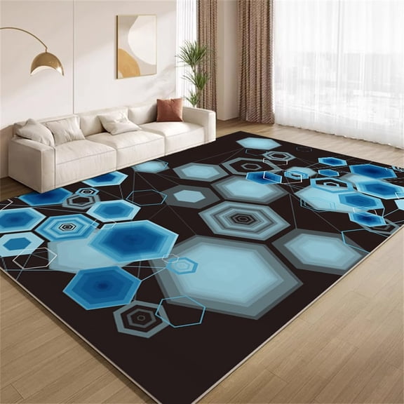 Modern Hexagonal Geometry Area Rugs, Blue Black Carpet, Washable Non Slip Low Pile Soft Rug for Bedroom Living Room Office Decor Mat 2x3ft