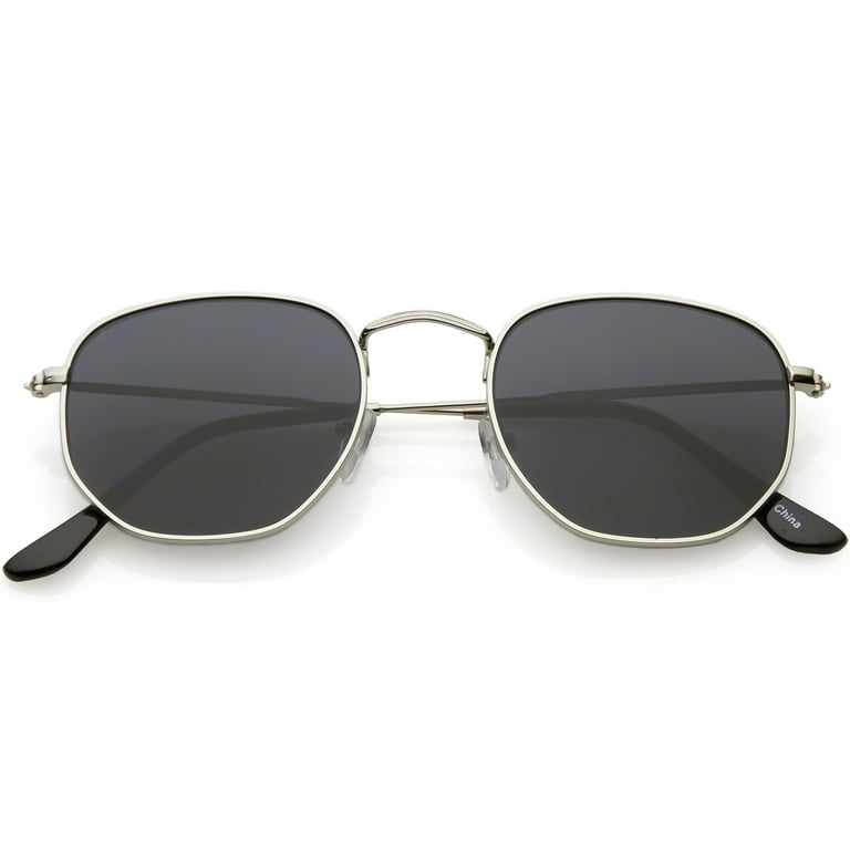 Sunglass La Modern Hexagonal Sunglasses Slim Metal Arms Neutral Colored Flat Lens 51mm
