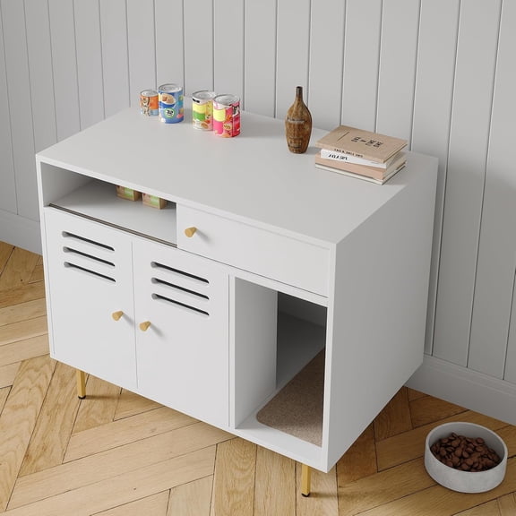 Modern Hidden Cat Litter Box Cabinet with Storage - Ventilated Design, Mark Mat, Drawers, Open Shelves - Dog-Proof Indoor Cat Washroom End Table - White