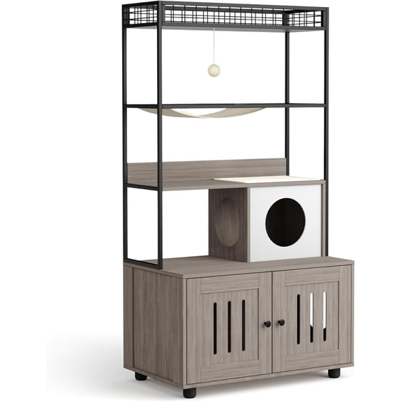 Modern Hidden Cat Litter Box Enclosure with Storage Rack - Enclosed Cat Furniture - Hammock - Sisal Balls - Scratching Mat - Multi-Level Private Cat House - Gray