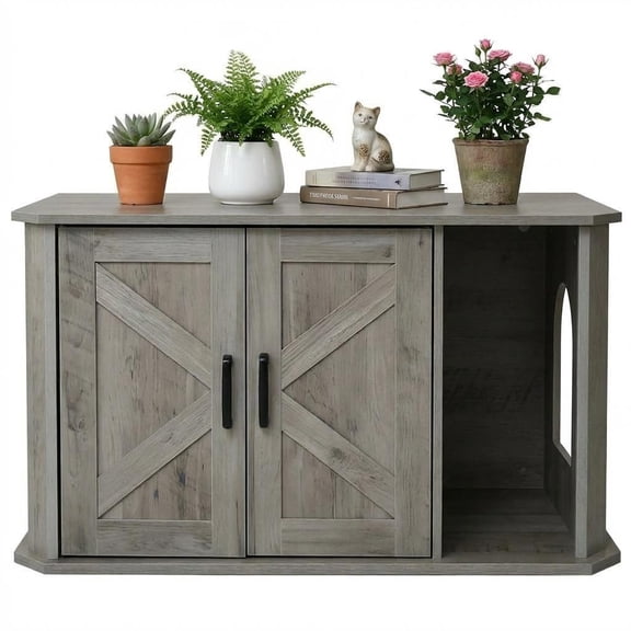 Modern Hidden Litter Box Enclosure Furniture, Wooden Cat Washroom Cabinet with Double Doors and Side Entry, Large Pet House End Table for Living Room