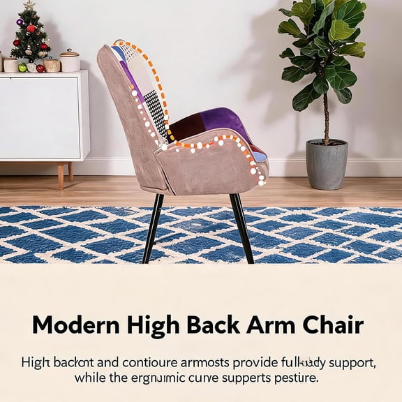 Modern High Back Accent Chair, Boho Patchwork Upholstered Armchair, Comfy Reading Lounge Chair for Living Room, Purple Checkered design