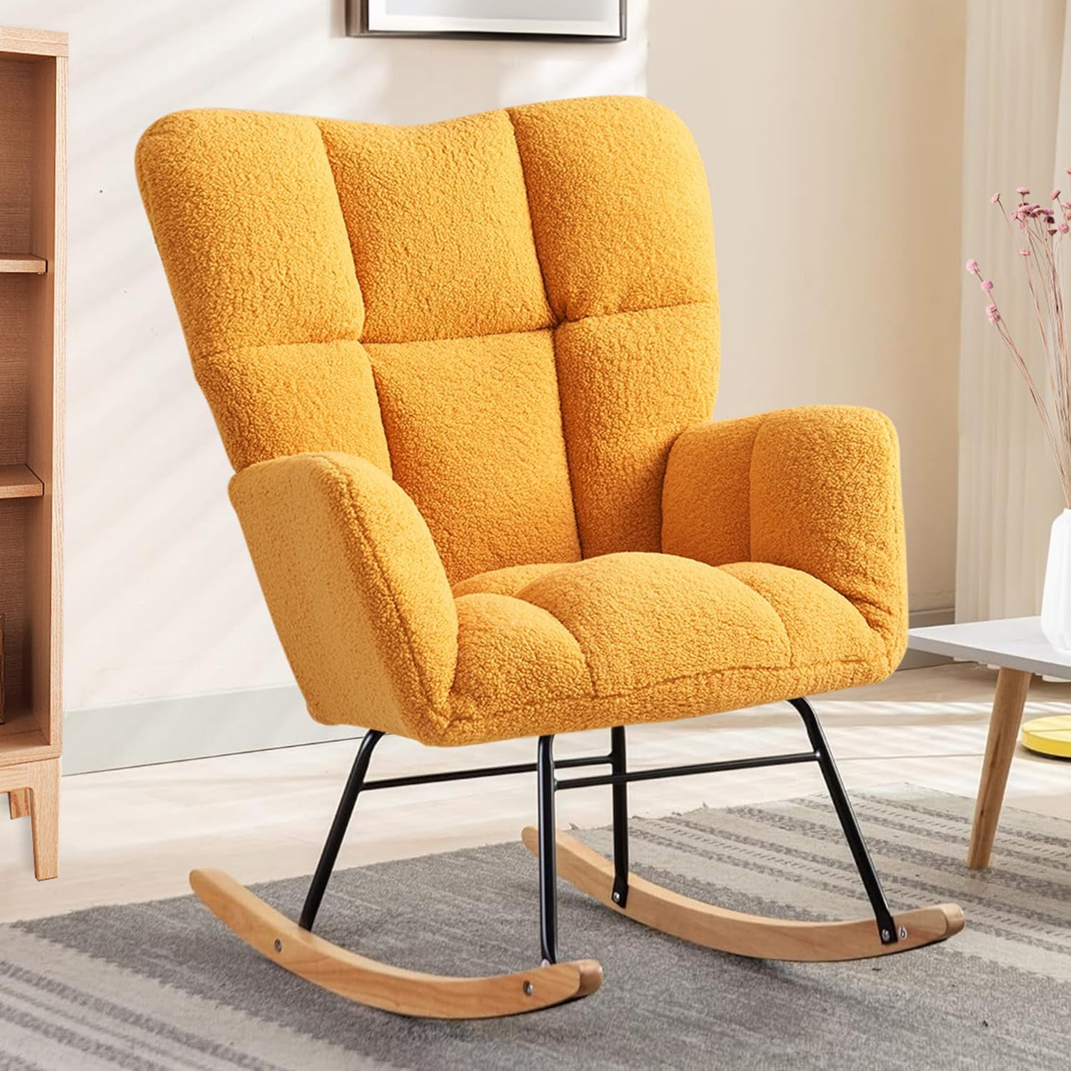 Modern High-Back Glider Rocking Chair with Teddy Upholstery, Accent Armchair for Nursery, Living Room, Bedroom and Offices in Yellow