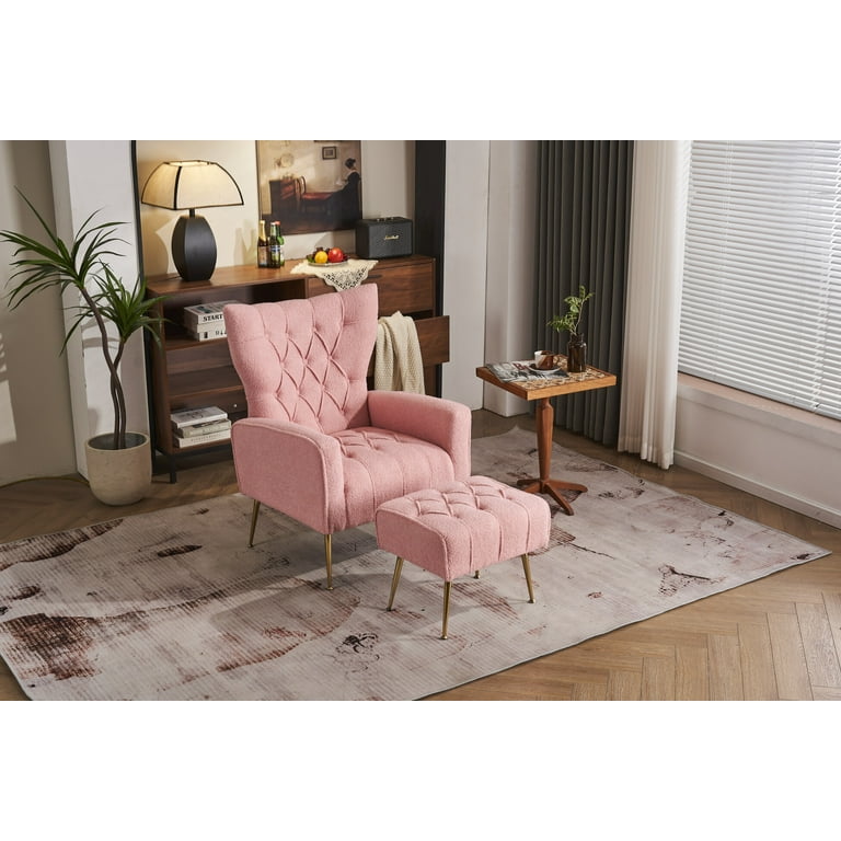 Modern High Backrest Accent Chair and Ottoman Set with Button