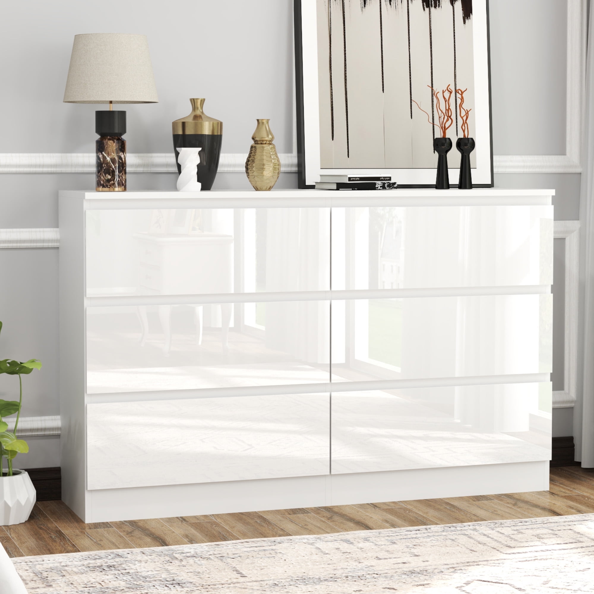 Modern High Gloss 6-Drawer Dresser – Sleek White Chest of Drawers for ...