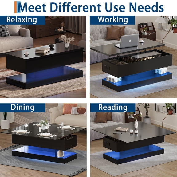 Modern High Gloss Lift Top Dining Table with Storage – Adjustable Height Convertible Coffee Table – APP-Controlled RGB LED Lighting, USB & AC Outlets, Sturdy Metal Frame – For Living Room