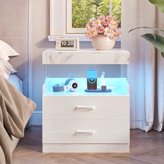 Modern High-Gloss Nightstand Set of 2 with Charging Station, LED Night Stands with USB Ports and AC Outlets, Adjustable LED Lighting, Wood End Tables with 2 Storage Drawers, Marble White