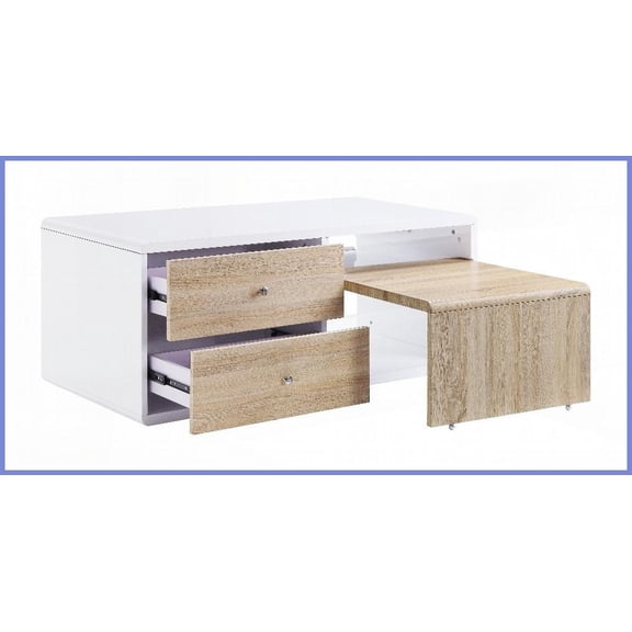 Modern High Gloss White Coffee Table with 4 Drawers & Pull-Out Table, Ample Storage for Living Room
