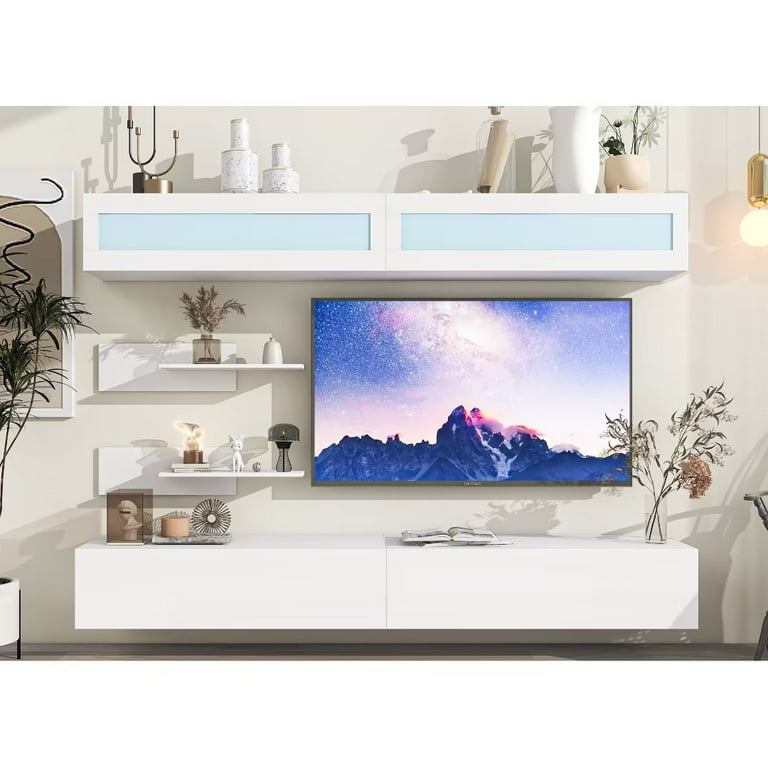 Modern High Gross TV Stand for 95 Inch TV Wall Mount Floating Entertainment Center w 4 Media Storage Cabinets 2 Shelves and 16 Color RGB LED