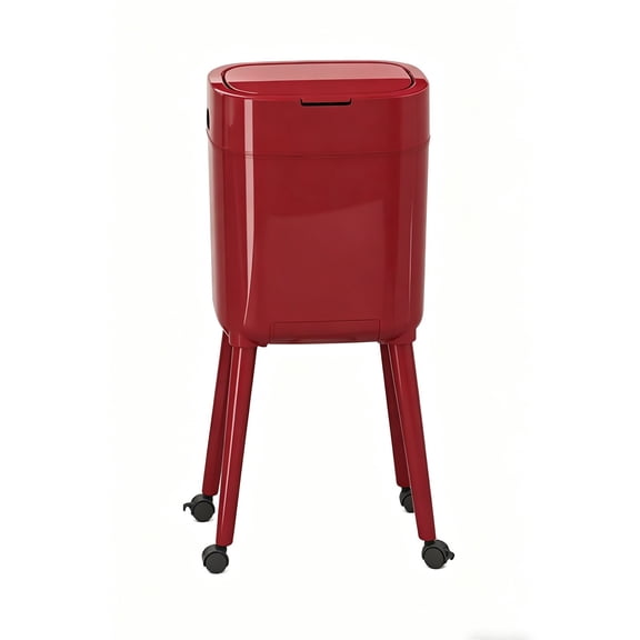 Modern High Leg Trash Can with Lid - Large Capacity Kitchen Garbage Bin, Movable with Built-in Bag Storage, Twin Barrel Design for Odor Control, Ideal for Home Décor Red