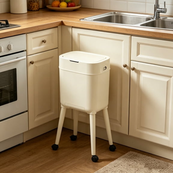 Modern High-Legged Trash Can with Wheels, Removable Inner Bucket, Press-to-Open Lid, Rolling Tall Kitchen Office Living Room Garbage Bin with Legs (1PC, White)