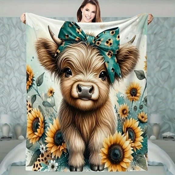 Modern Highland Cow Blanket Lightweight Modern Highland Cow Sunflower Blanket Digitally Printed Flannel All-Season Reusable Bedding for Room Decor Sofa