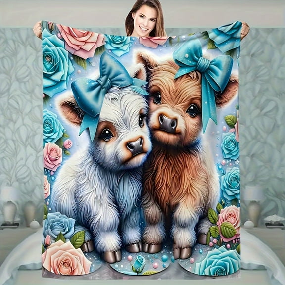 Modern Highland Cow Print Blanket Cute Animal Theme, Versatile, All Season, Lightweight, Soft Suitable For Chairs, Beds, Sofas Digital Printed Decorative Blanket, Is A Beautiful Gift For Friends