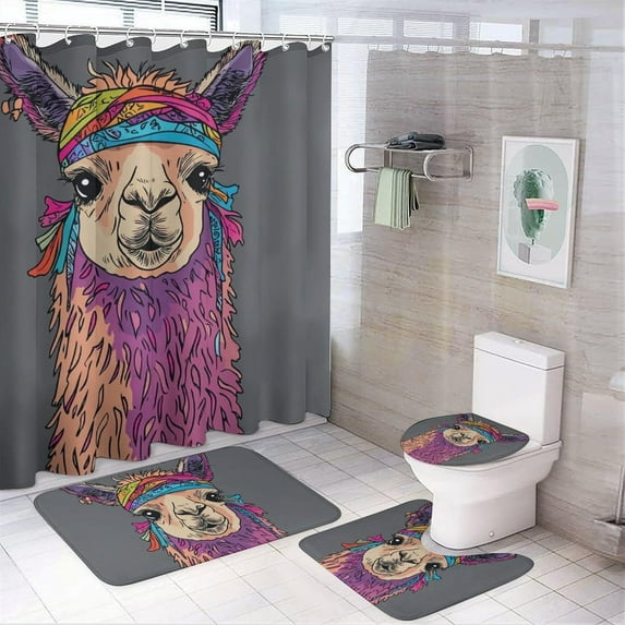 Modern Highland Cow Shower Curtain set with Rugs Toilet Lid Cover and Bath Mat for Bathroom,Home Tub Curtains Sets with Rugs Farmhouse Wildflower Animal Print Four-Piece