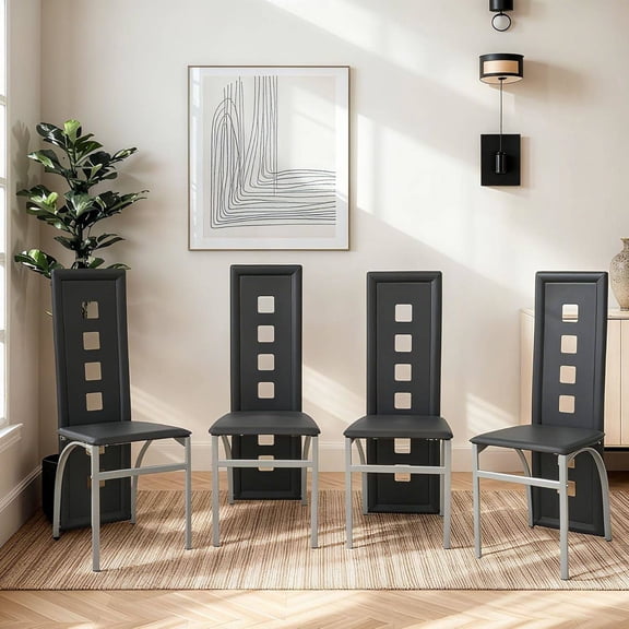 Modern Hollow Set of 4 Black Dining Chairs with PVC Backrest & Cushion, for Kitchen & Dining Room, 300 lbs Capacity