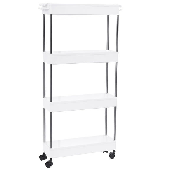 Modern Home 4 Tier Narrow Sliding Storage Organizer Rack - Laundry/Bathroom/Kitchen Rolling Cart (White)