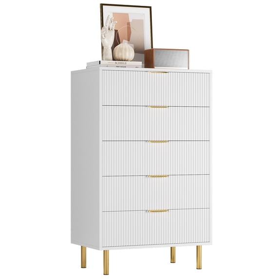 Modern Home 5 Drawer Dresser for Bedroom with Gold Handle and Large Drawer, Wood Double Chest of Drawers and Storage Organizer for Living Room, Hallway, Entryway