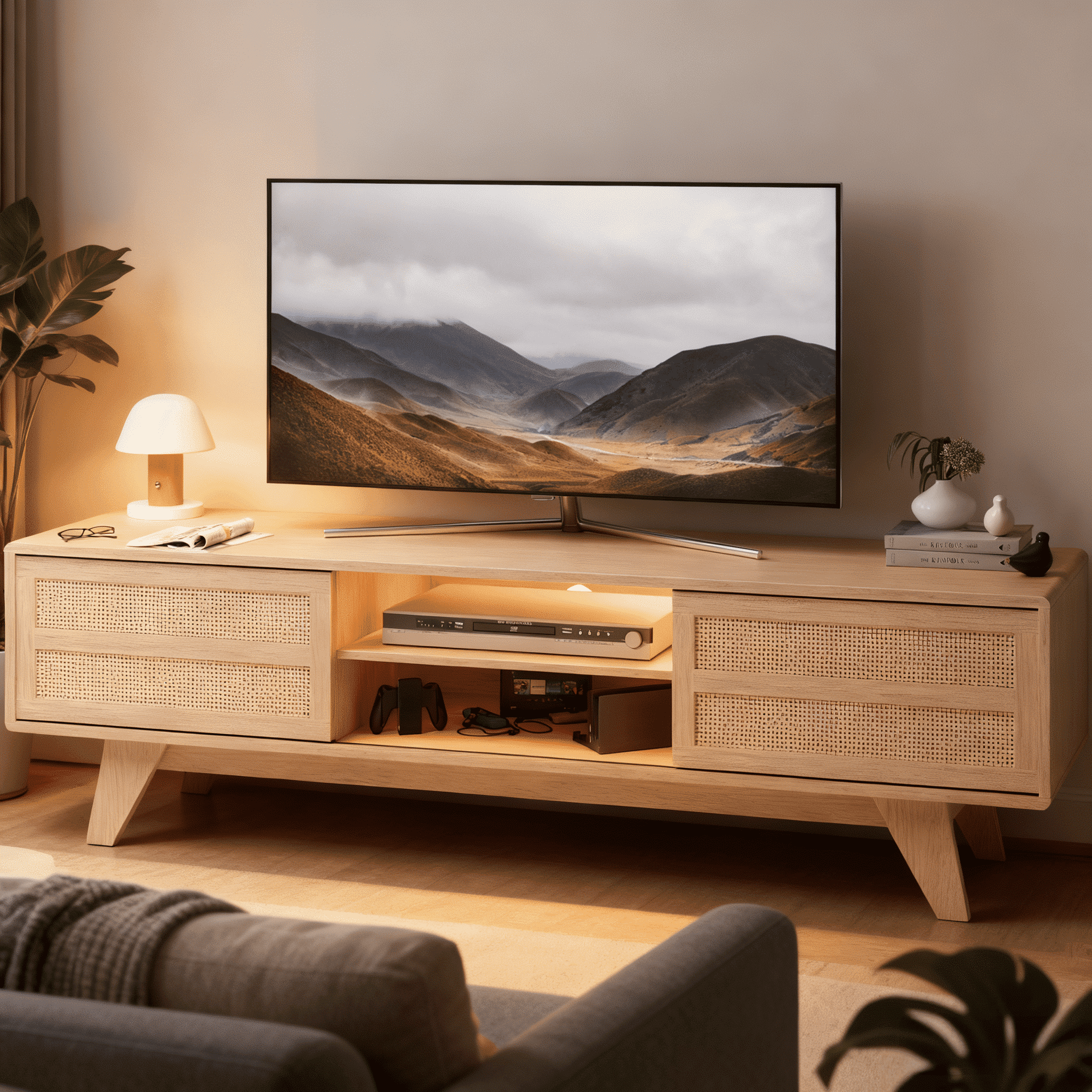 Home Modern Style 65 inch TV Stand for Living Room - TV Stand for TVs up to 65 inches Entertainment Center with Storage - Media TV Cabinet with Doors & Adjustable Shelves,Oak