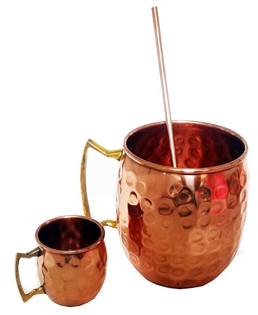 Modern Home Authentic 3-Piece Copper Moscow Mule Mug Set  1 Full-Size  Hammered Mug + 4 Mini Shot Glass with Brass Handle & 1 Straw  100% Pure  Copper ...