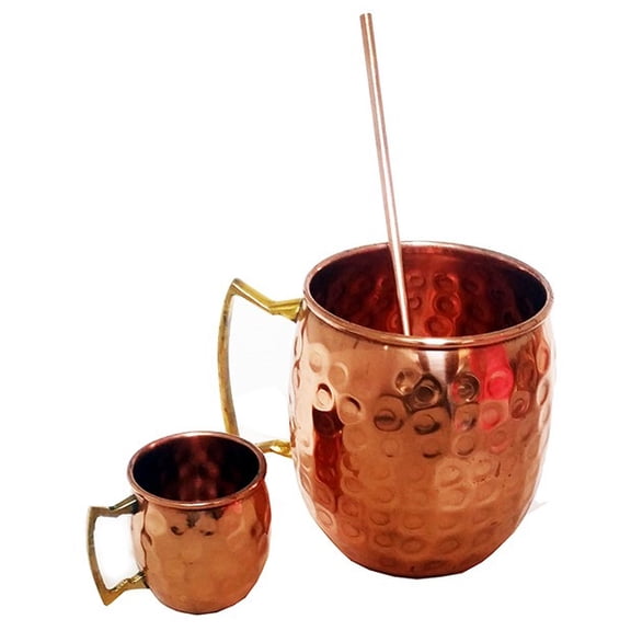 Modern Home Authentic 3-Piece Copper Moscow Mule Mug Set – 1 Full-Size Hammered Mug + 4 Mini Shot Glass with Brass Handle & 1 Straw – 100% Pure Copper Drinkware Gift Set