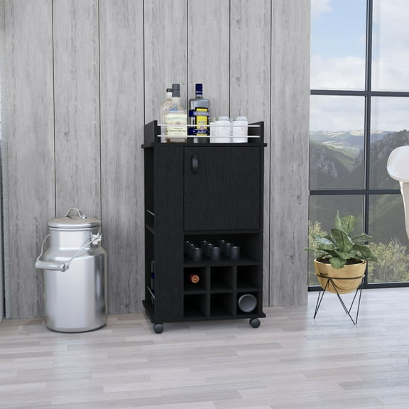 Modern Home Bar Cart With Cabinet, 6 Built-in Wine Rack And , Black Finish Cabinet In Black, Built-in For Use