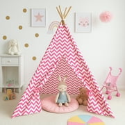 Modern Home Children s Indoor Teepee Play Tent   Brown with White Polka Dots, Foldable Canvas Tent with Wooden Poles for Kids Room or Play Area Pink Chevron