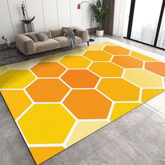 Modern Home Decor Art Area Rug, Orange Yellow Hexagon Geometry Foldable Indoor Throw Rug, Non-Slip Low Pile Mat For Living Room Bedroom Entryway Hallway Dining Room 2x3ft