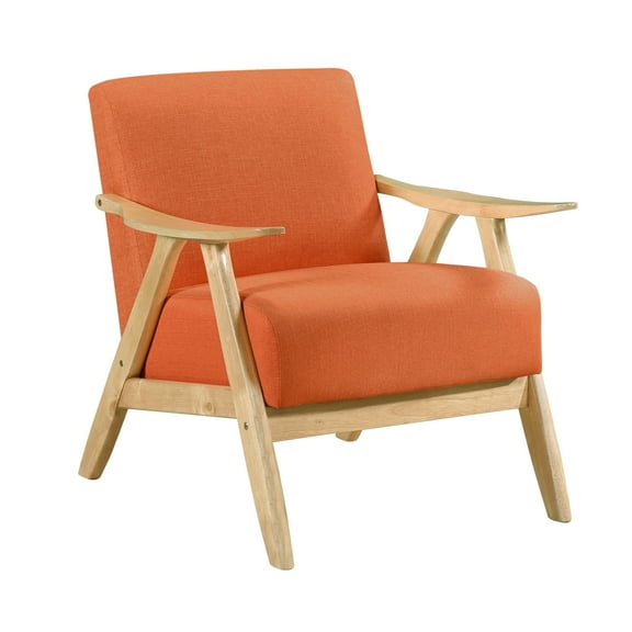 Modern Home Furniture Orange Color Fabric Upholstered 1pc Accent Chair Cushion Back and Seat Natural Finish Solid Rubberwood