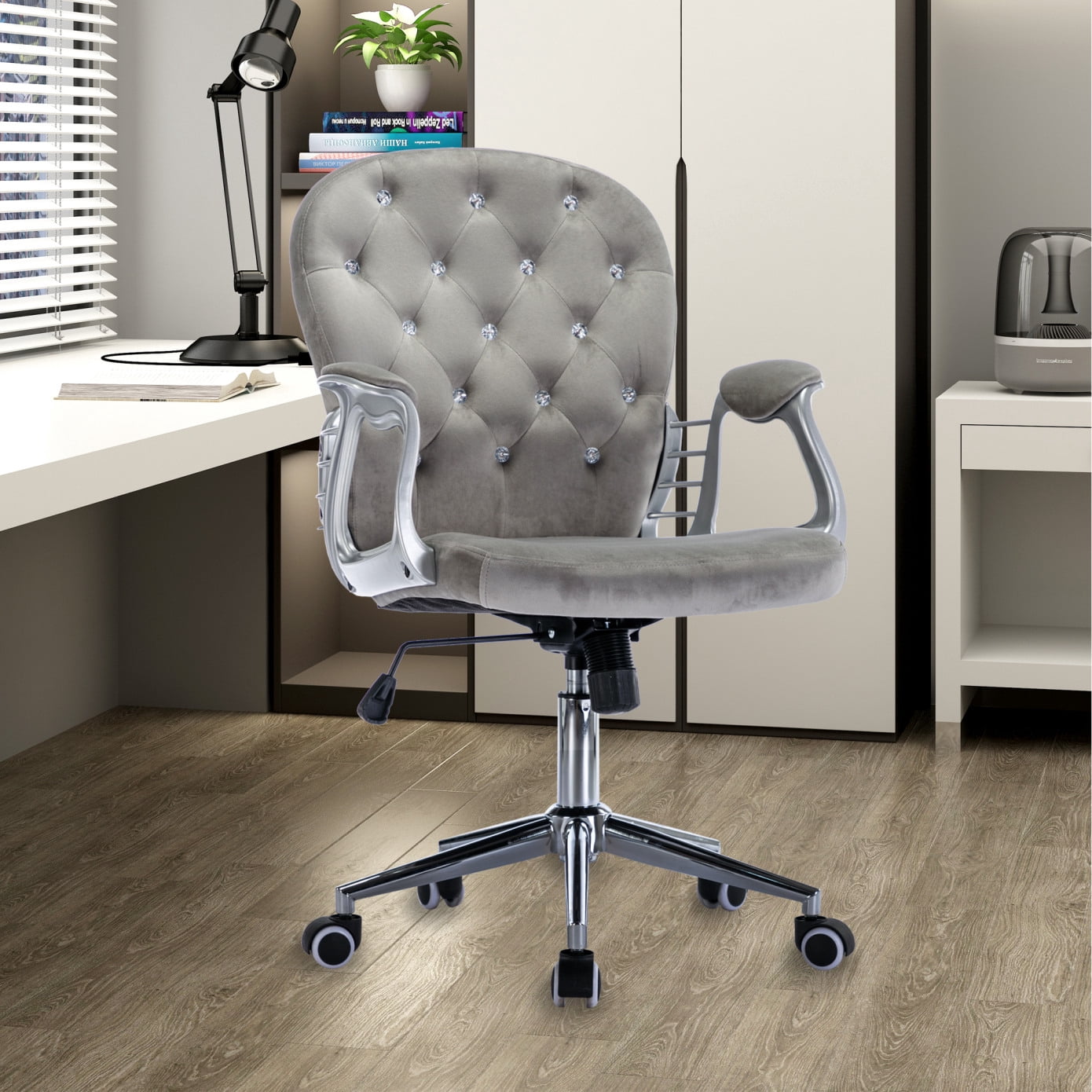Modern Home Office Chair, 360°Swivel Velvet Desk Chair with Side Arms