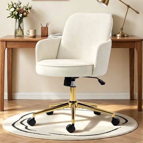 Modern Home Office Chair, Chenille Rocking Desk Chair with Wheels, Adjustable Swivel Ergonomic Computer Chair for Living Room Bedroom, Beige