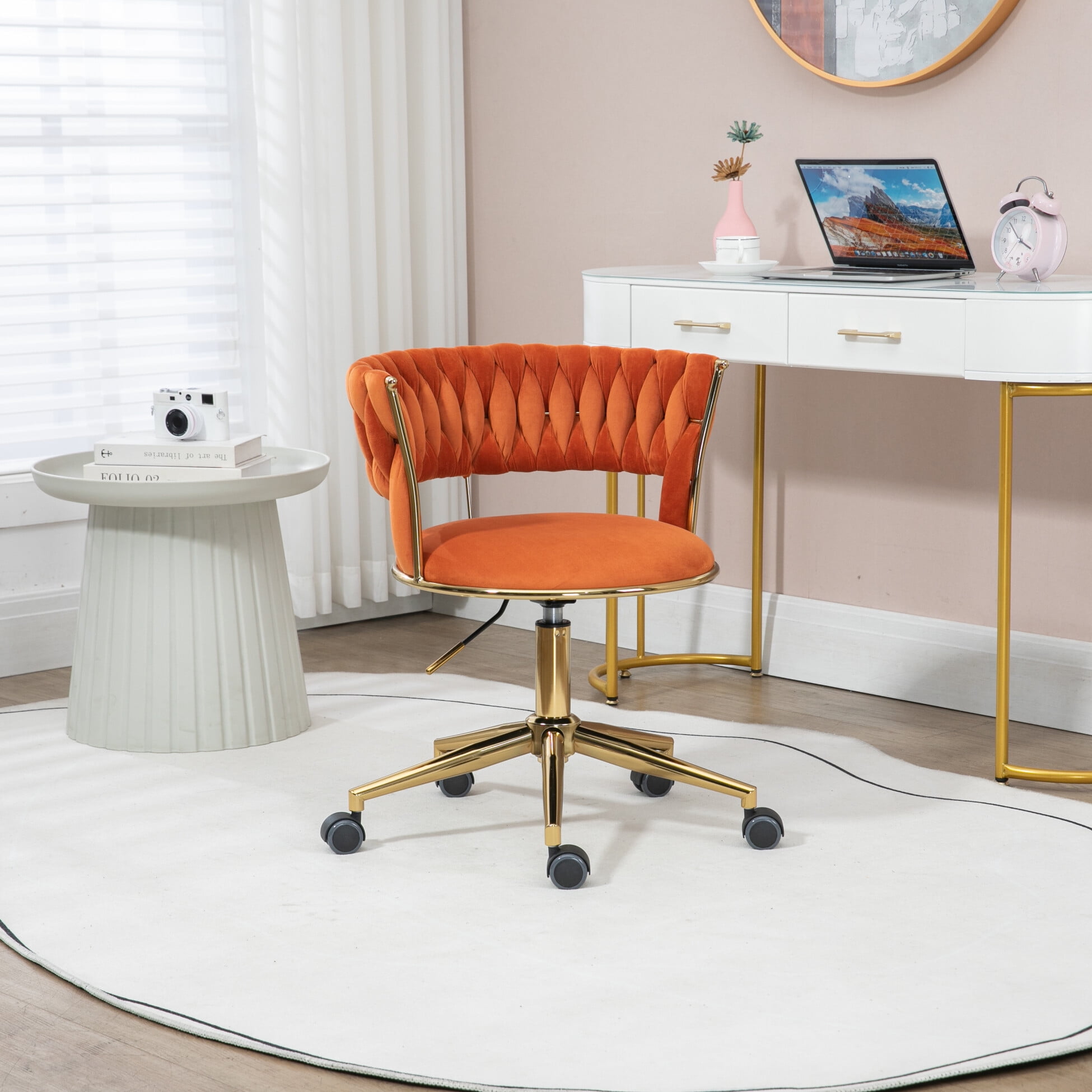 Modern Home Office Chair Velvet Swivel Desk Chair with Woven Tufted Backrest and Wheels Adjustable Vanity Chair with Gold Metal Leg for Study Living Room Bedroom Orange Walmart Business Supplies