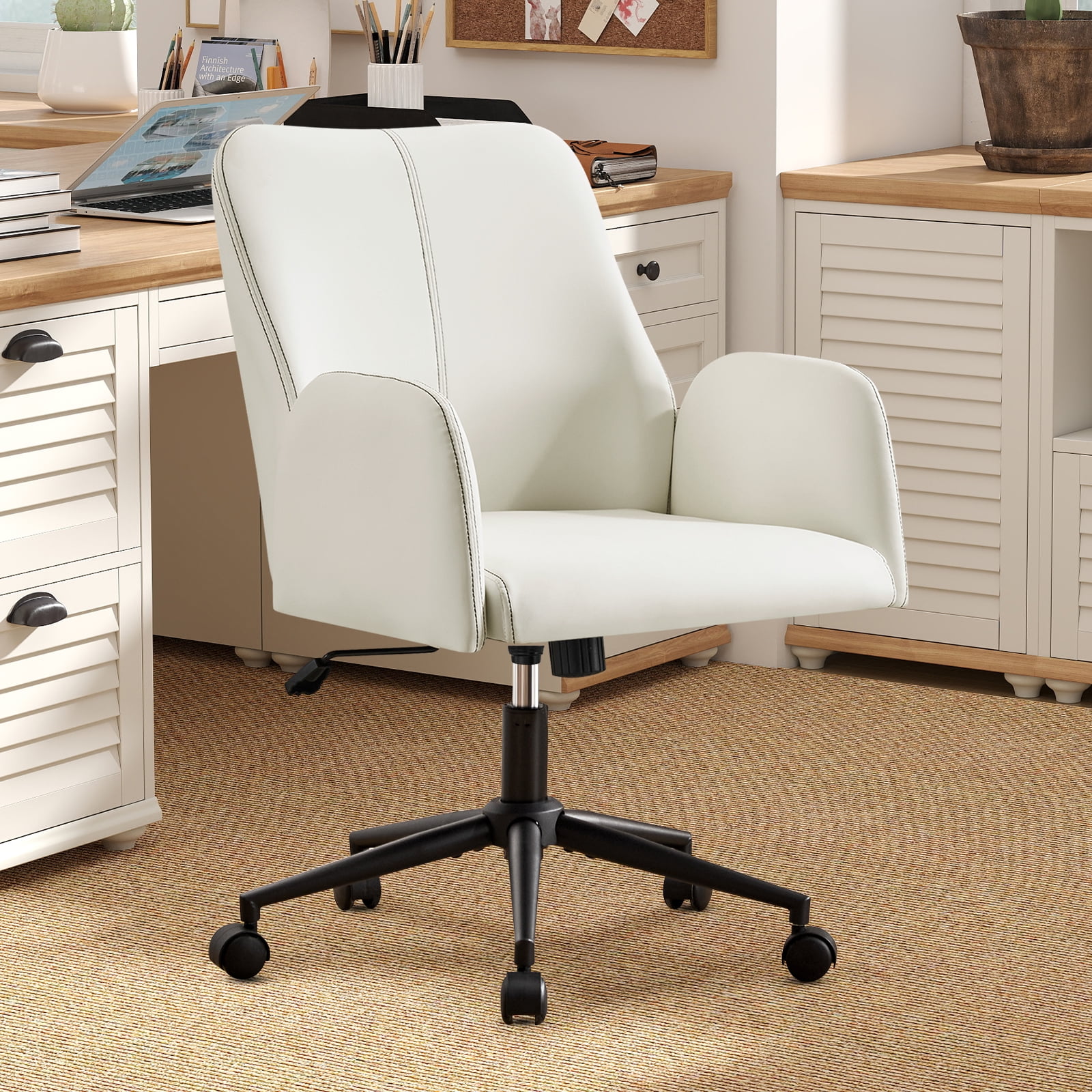 Modern Home Office Desk Chair, Faux Leather Ergonomic Desk Chair with Adjustable Height, Rolling Swivel Computer Chair, Mid-Back Armchair Task Chair for Office, Study Room, Black