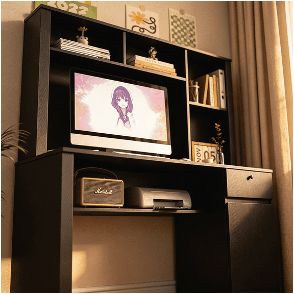 Modern Home Office Desk Set with Hutch and Bookshelf in Black Wood Grain Finish