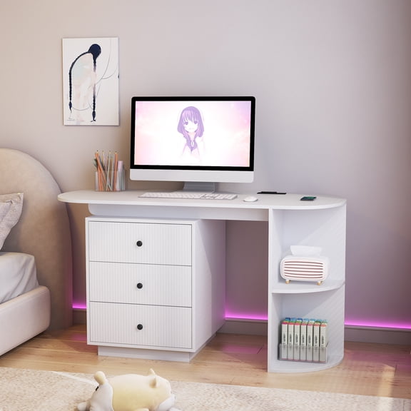 Modern Home Office Desk with Storage Drawers & USB Charging, Expandable Computer Desk with Hutch and Bookshelf, White Executive Desk with Power Outlets for Students and Professionals