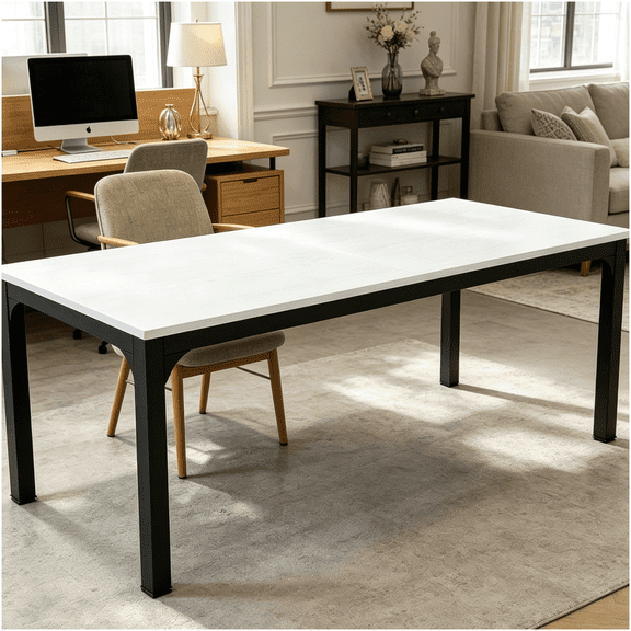 Modern Home Office Desk for Two, Large Rectangular Workstation with Sturdy Metal Legs, Sleek Black or White Finish for Bedroom or Study Room