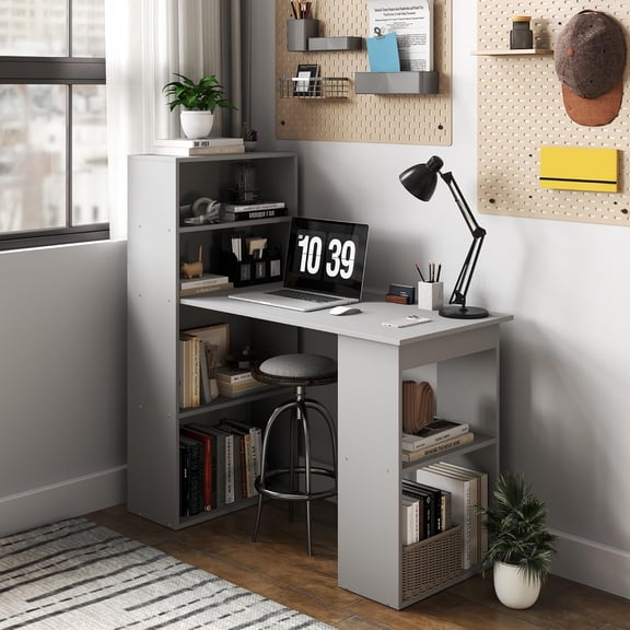 Modern Home Office Desk with 6-Tier Storage Shelves, 47" Writing Desk with Bookshelf, Gray