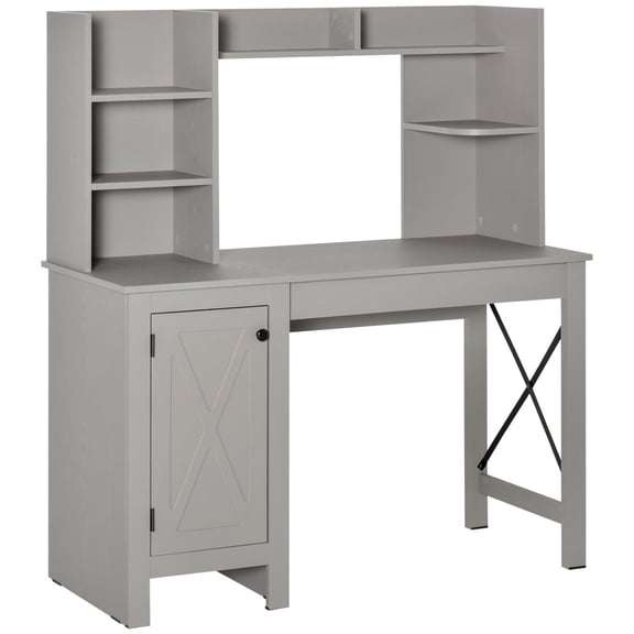 Modern Home Office Desk with Bookshelf&Storage Cabinet - Light Grey Study Table for Workspace Organization
