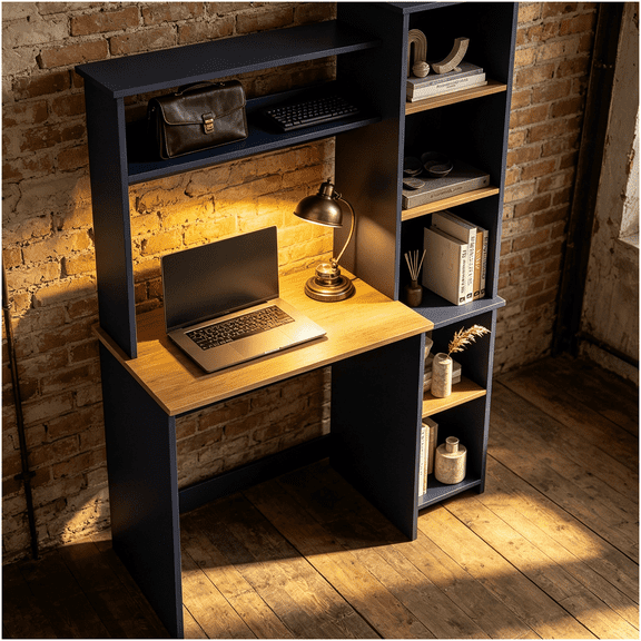 Modern Home Office Desk with Hutch and Side Bookcase, Space Saving Computer Desk for Study Room, Apartment Workspace, Multi Color